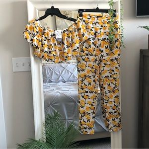 NWT! CALS “Set of Lemons Set” wide leg pants and off the shoulder crop top SZ S